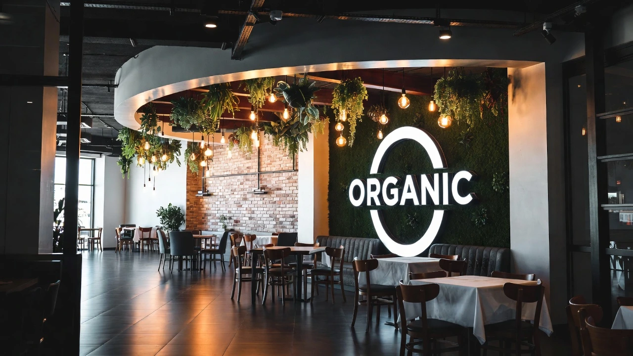 Restaurant interior with a moss feature wall, illuminated ORGANIC signage, hanging greenery and warm pendant lighting