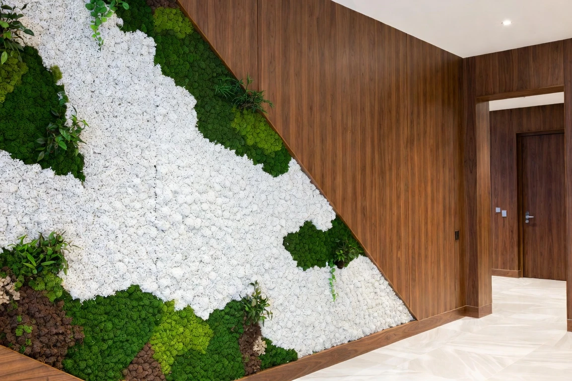 Sculptural moss installation against warm timber walls