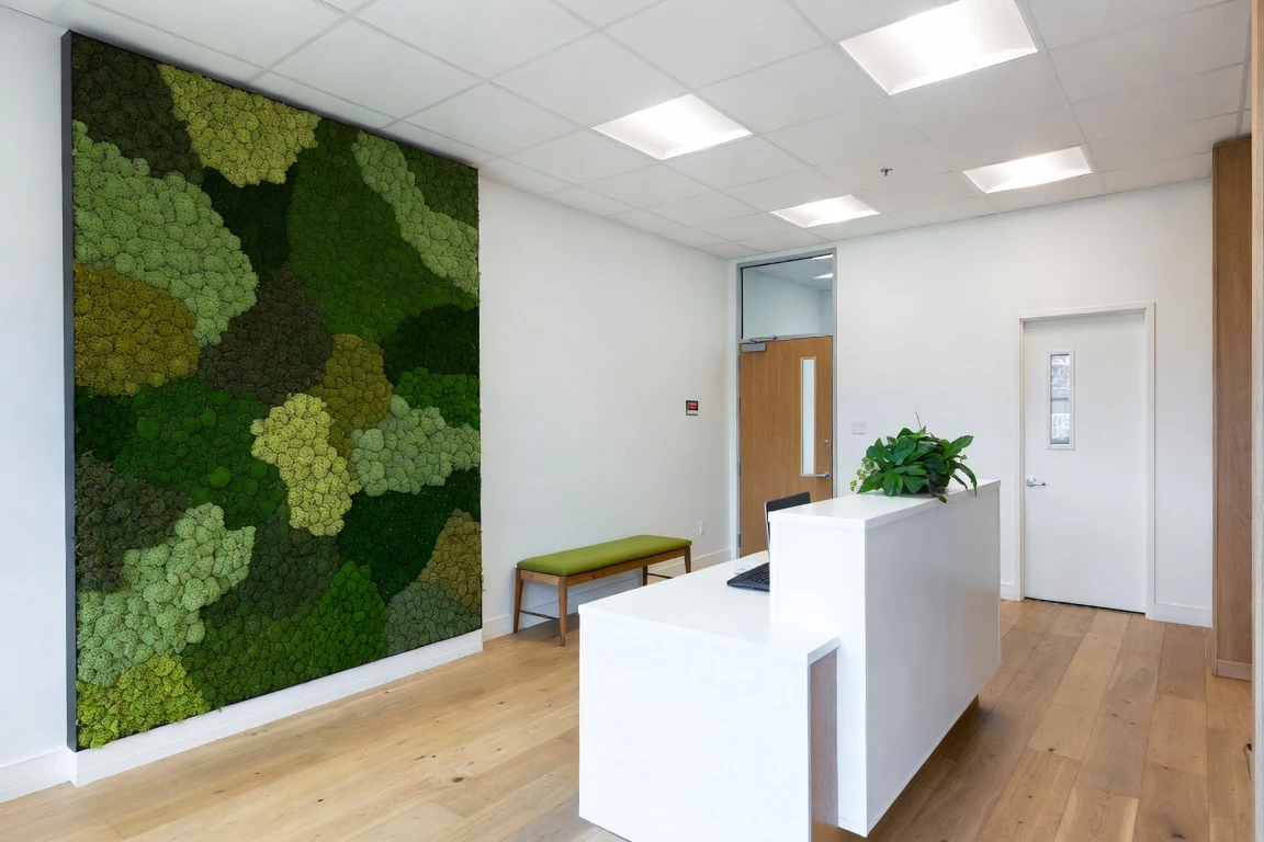 Minimal reception space with a green moss feature wall